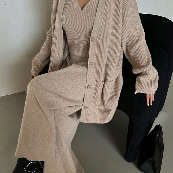 Tops - Khaki Casual Women's 3-Piece Soft & Comfortable Sweater, Top, And Pants Set